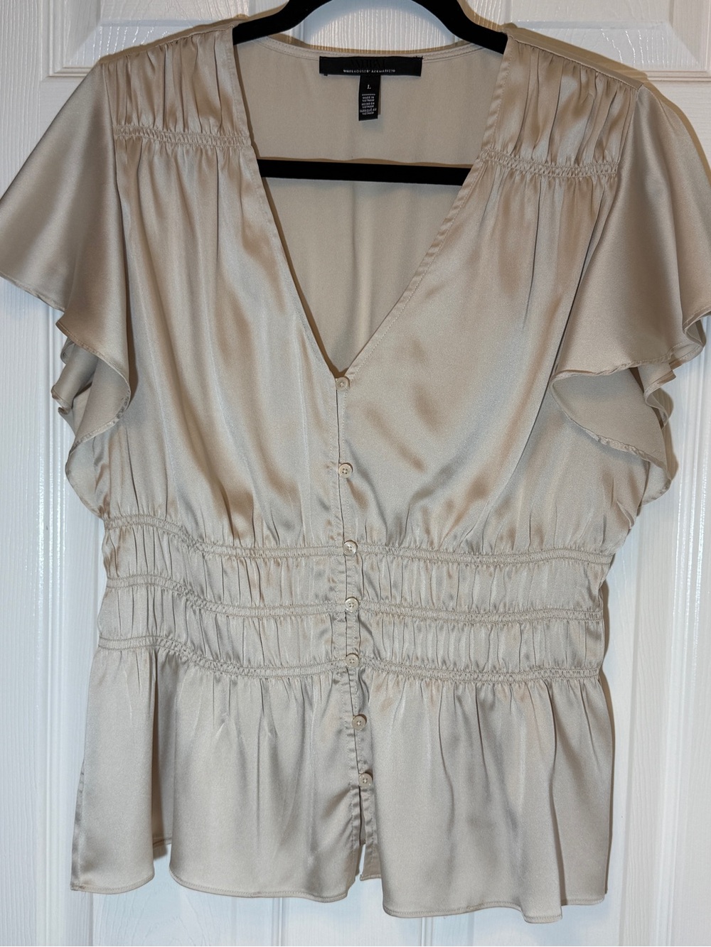 White House Black Market Champagne Satin Button-Front Blouse